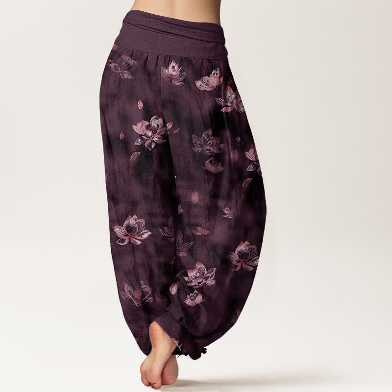 Buddha Stones Pantalones harem de algodón puro con estampado floral vintage de loto para mujer con cintura elástica. - image 6
