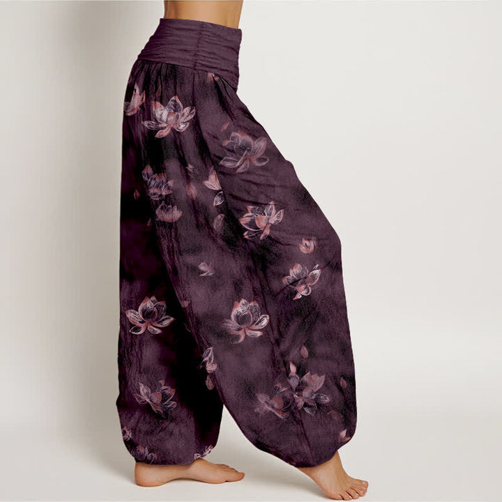Buddha Stones Pantalones harem de algodón puro con estampado floral vintage de loto para mujer con cintura elástica. - image 7