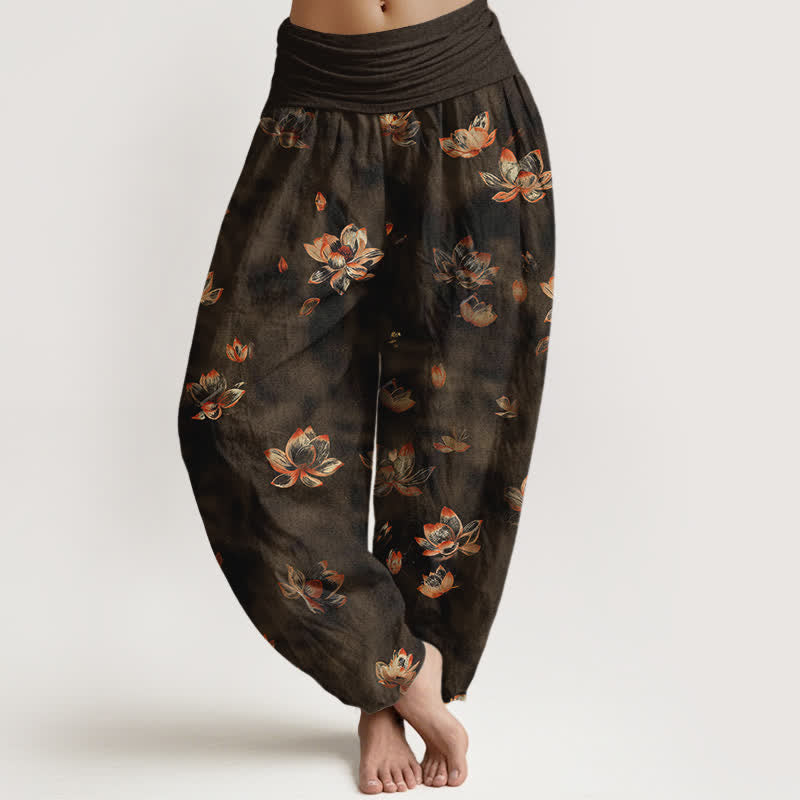 Buddha Stones Pantalones harem de algodón puro con estampado floral vintage de loto para mujer con cintura elástica. - Vara de oro oscura - US16，UK/AU20，EU48 (3XL) - image 8