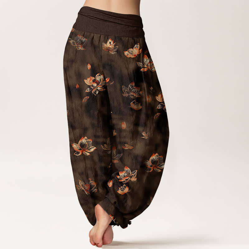 Buddha Stones Pantalones harem de algodón puro con estampado floral vintage de loto para mujer con cintura elástica. - image 9