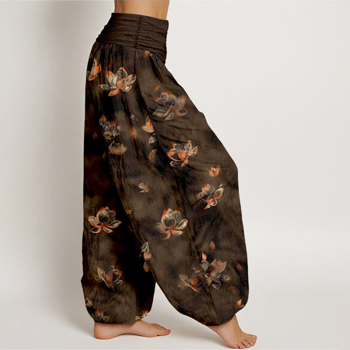 Buddha Stones Pantalones harem de algodón puro con estampado floral vintage de loto para mujer con cintura elástica. - image 10