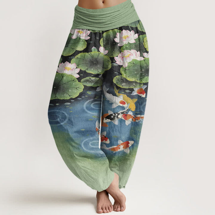 Buddha Stones Pantalones harem de mujer con cintura elástica y estampado de estanque de carpas koi y loto de algodón. - Verde oliva - US16，UK/AU20，EU48 (3XL) - image 0