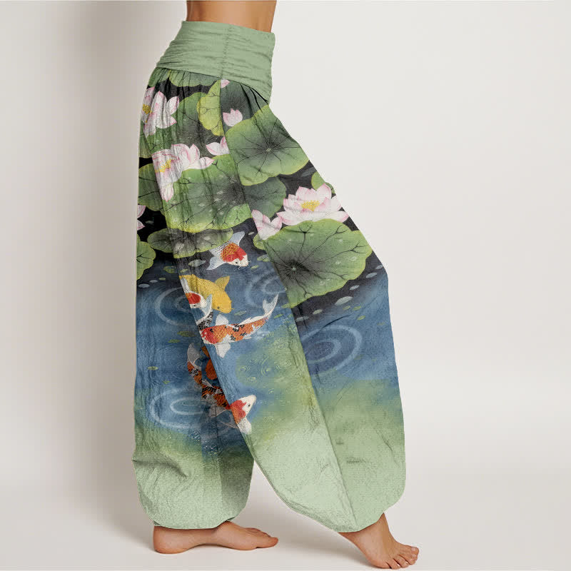 Buddha Stones Pantalones harem de mujer con cintura elástica y estampado de estanque de carpas koi y loto de algodón. - image 2