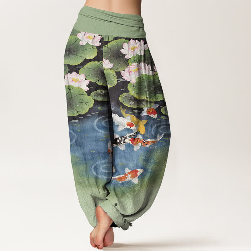 Buddha Stones Pantalones harem de mujer con cintura elástica y estampado de estanque de carpas koi y loto de algodón. - image 1