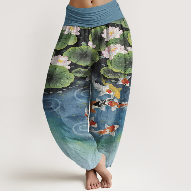Buddha Stones Pantalones harem de mujer con cintura elástica y estampado de estanque de carpas koi y loto de algodón. - Azul acero - US16，UK/AU20，EU48 (3XL) - image 5