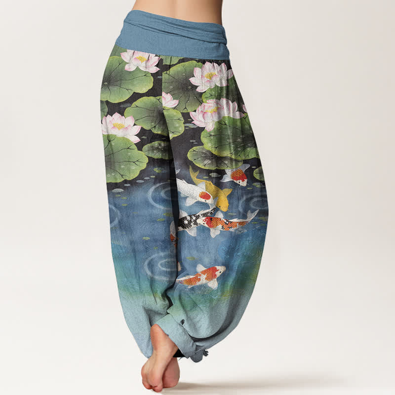 Buddha Stones Pantalones harem de mujer con cintura elástica y estampado de estanque de carpas koi y loto de algodón. - image 6