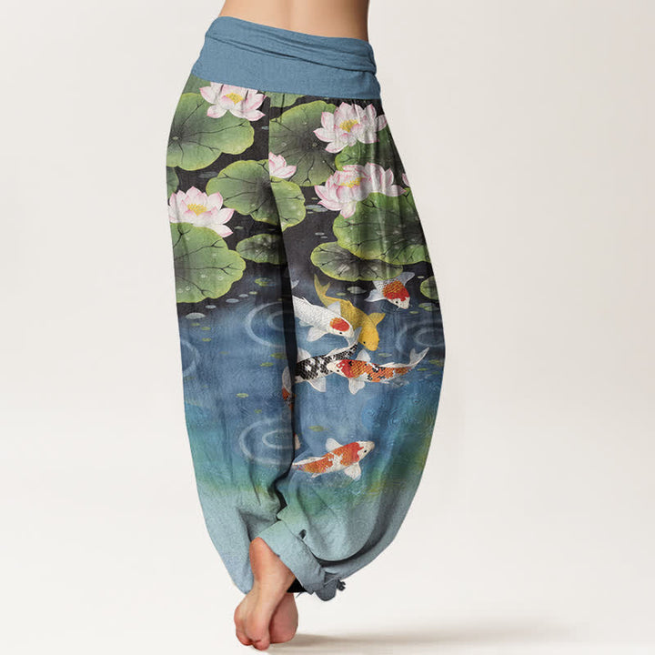 Buddha Stones Pantalones harem de mujer con cintura elástica y estampado de estanque de carpas koi y loto de algodón. - image 6
