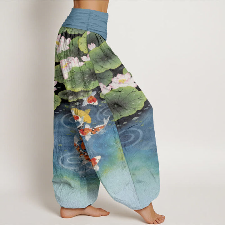 Buddha Stones Pantalones harem de mujer con cintura elástica y estampado de estanque de carpas koi y loto de algodón. - image 7