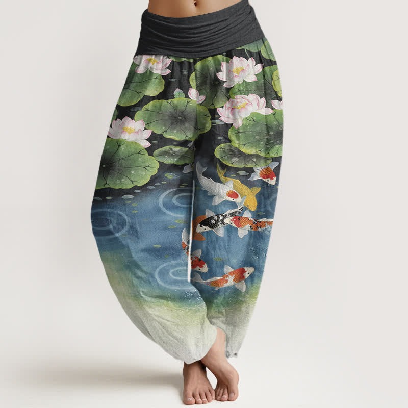Buddha Stones Pantalones harem de mujer con cintura elástica y estampado de estanque de carpas koi y loto de algodón. - Negro - US16，UK/AU20，EU48 (3XL) - image 8