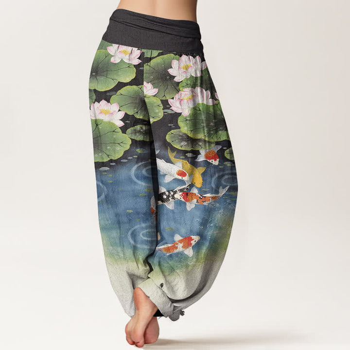 Buddha Stones Pantalones harem de mujer con cintura elástica y estampado de estanque de carpas koi y loto de algodón. - image 9