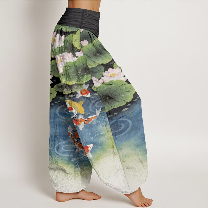 Buddha Stones Pantalones harem de mujer con cintura elástica y estampado de estanque de carpas koi y loto de algodón. - image 10