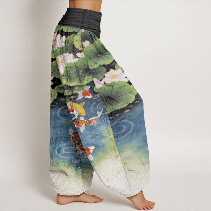 Buddha Stones Pantalones harem de mujer con cintura elástica y estampado de estanque de carpas koi y loto de algodón. - image 10