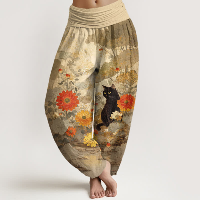 Buddha Stones Pantalones harem de algodón puro con estampado floral de gato negro vintage para mujer con cintura elástica. - Broncearse - US16，UK/AU20，EU48 (3XL) - image 0