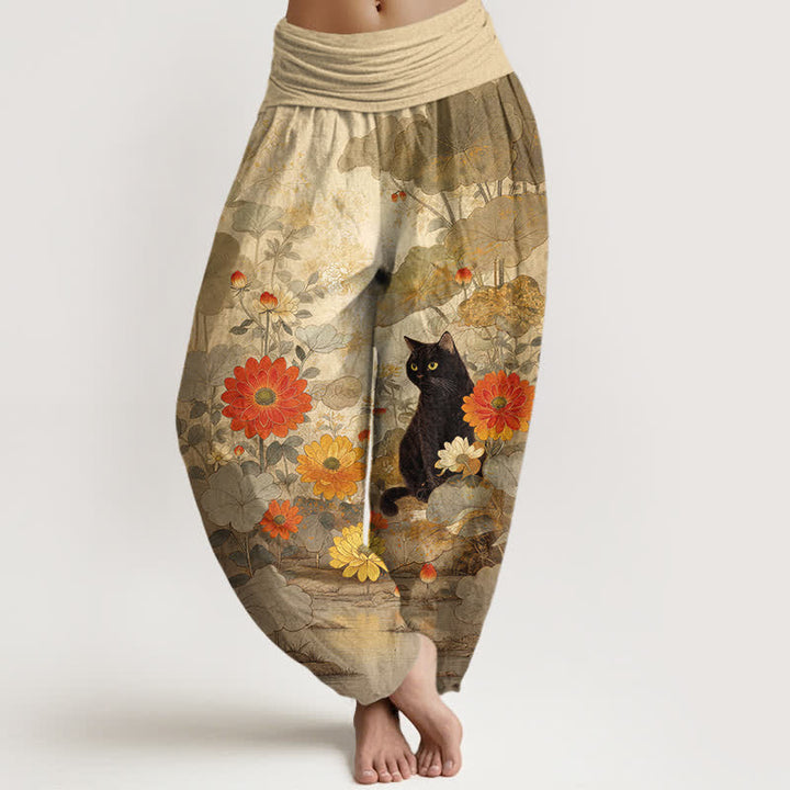 Buddha Stones Pantalones harem de algodón puro con estampado floral de gato negro vintage para mujer con cintura elástica. - Broncearse - US16，UK/AU20，EU48 (3XL) - image 0