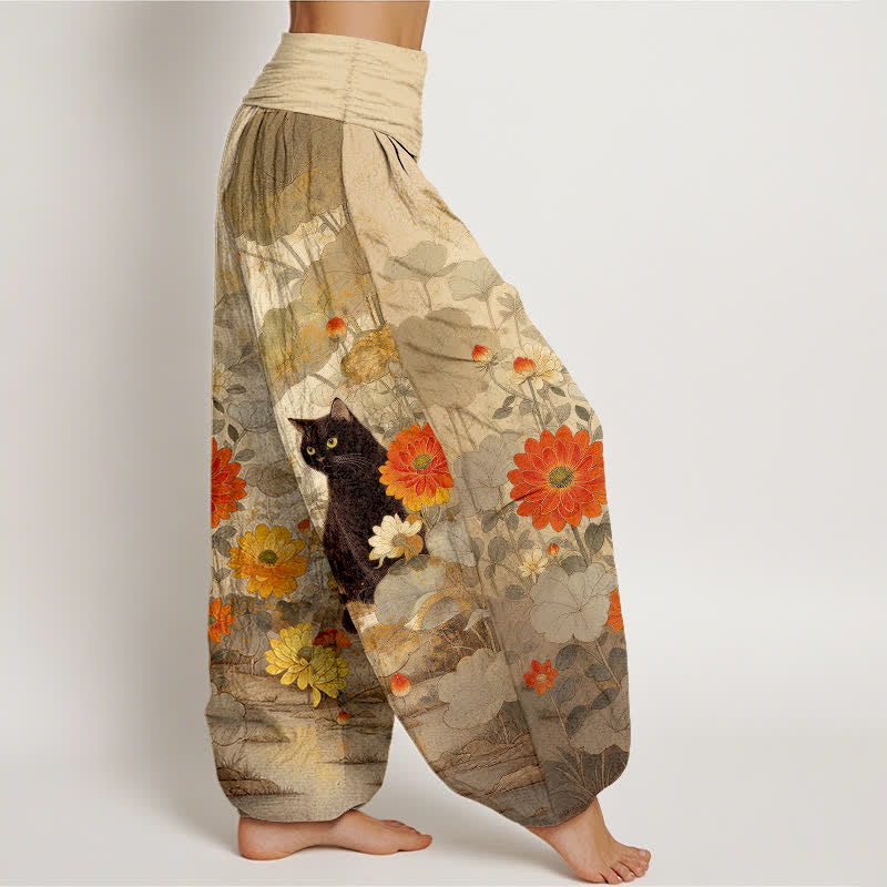 Buddha Stones Pantalones harem de algodón puro con estampado floral de gato negro vintage para mujer con cintura elástica. - image 2