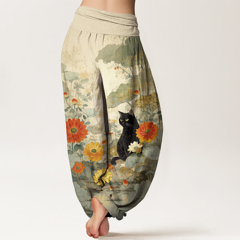 Buddha Stones Pantalones harem de algodón puro con estampado floral de gato negro vintage para mujer con cintura elástica. - image 6