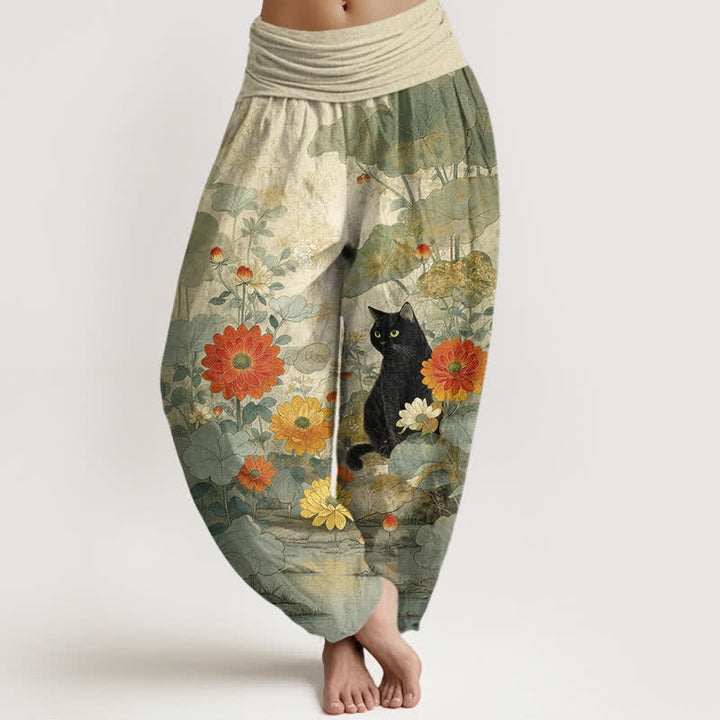 Buddha Stones Pantalones harem de algodón puro con estampado floral de gato negro vintage para mujer con cintura elástica. - Verde mar oscuro - US16，UK/AU20，EU48 (3XL) - image 5
