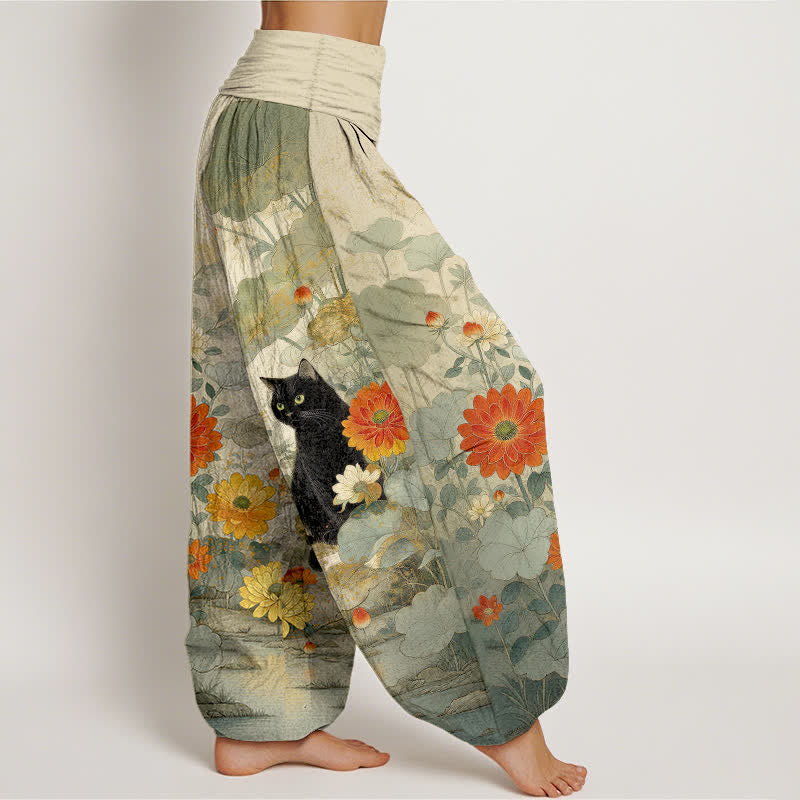 Buddha Stones Pantalones harem de algodón puro con estampado floral de gato negro vintage para mujer con cintura elástica. - image 7