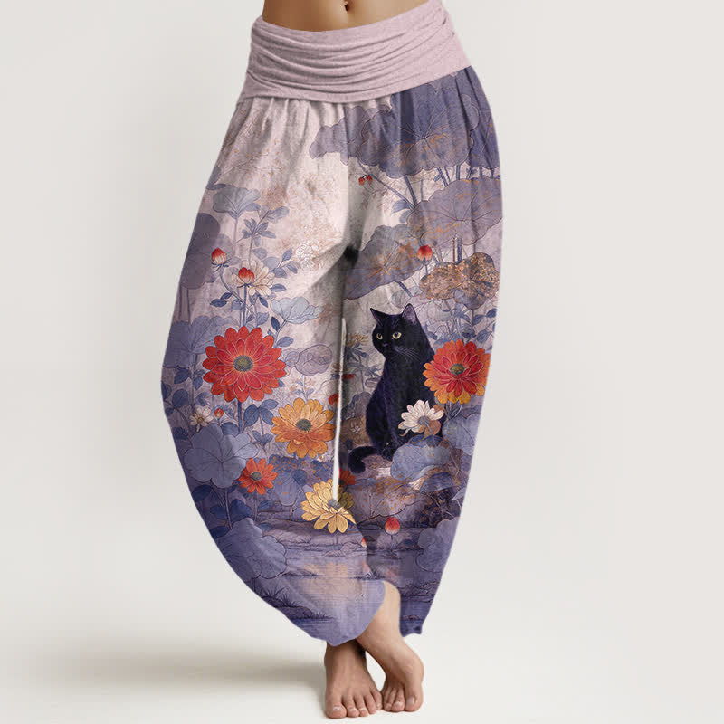 Buddha Stones Pantalones harem de algodón puro con estampado floral de gato negro vintage para mujer con cintura elástica. - Cardo - US16，UK/AU20，EU48 (3XL) - image 8