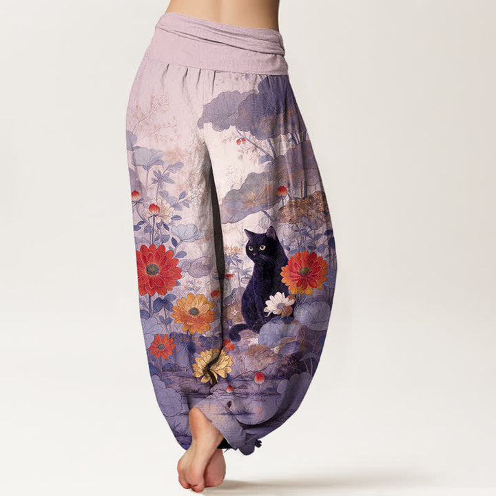 Buddha Stones Pantalones harem de algodón puro con estampado floral de gato negro vintage para mujer con cintura elástica. - image 9