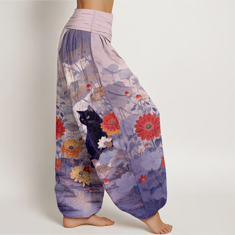 Buddha Stones Pantalones harem de algodón puro con estampado floral de gato negro vintage para mujer con cintura elástica. - image 10