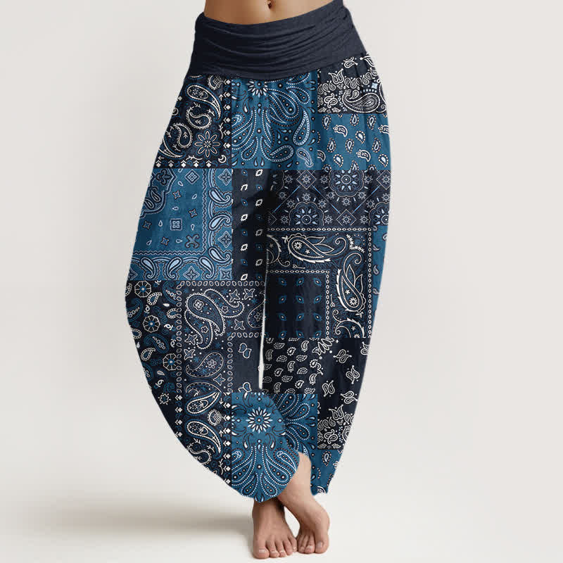 Buddha Stones Pantalones harem de mujer con elegante estampado paisley de algodón puro y cintura elástica. - Marina de guerra - US16，UK/AU20，EU48 (3XL) - image 0