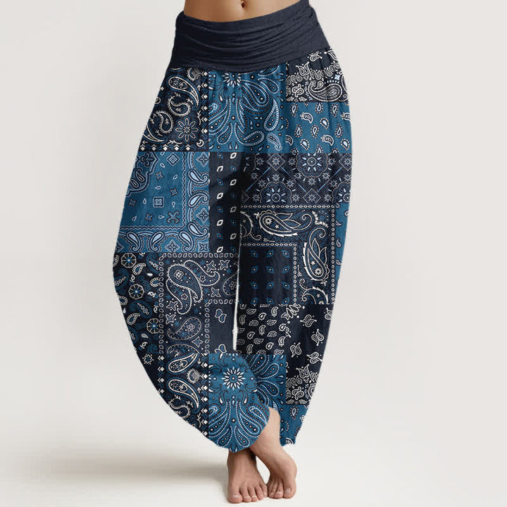 Buddha Stones Pantalones harem de mujer con elegante estampado paisley de algodón puro y cintura elástica. - Marina de guerra - US16，UK/AU20，EU48 (3XL) - image 0