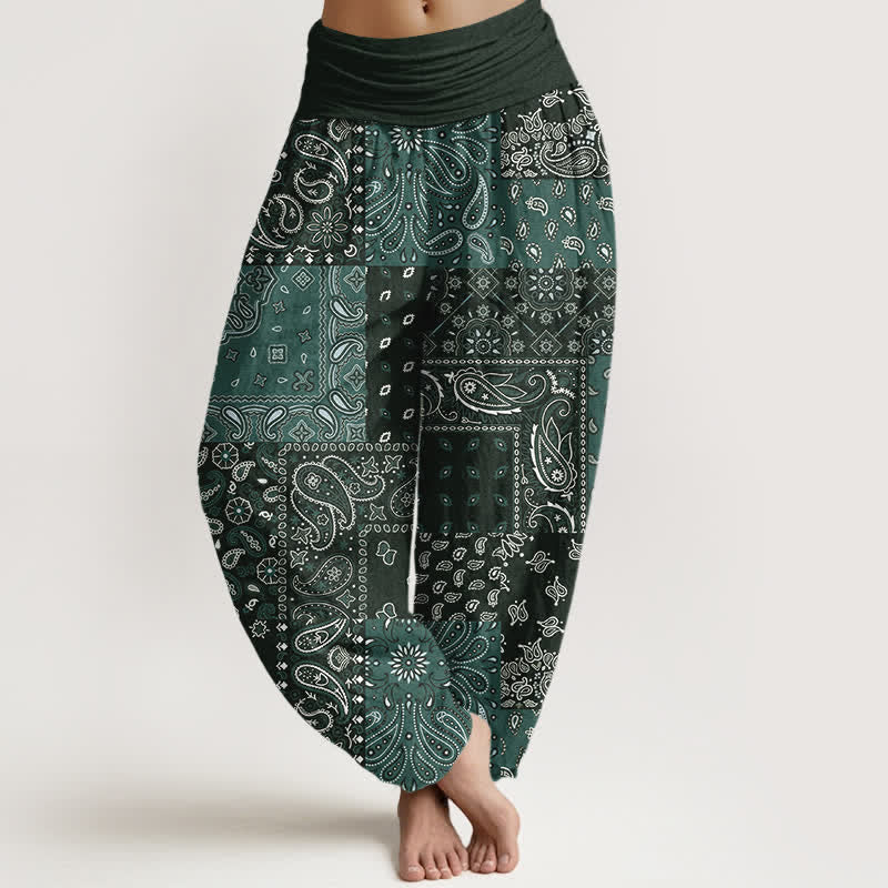 Buddha Stones Pantalones harem de mujer con elegante estampado paisley de algodón puro y cintura elástica. - Gris pizarra oscuro - US16，UK/AU20，EU48 (3XL) - image 5