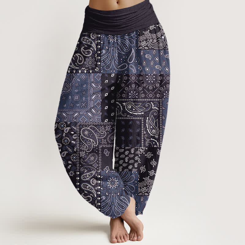 Buddha Stones Pantalones harem de mujer con elegante estampado paisley de algodón puro y cintura elástica. - Azul pizarra oscuro - US16，UK/AU20，EU48 (3XL) - image 8