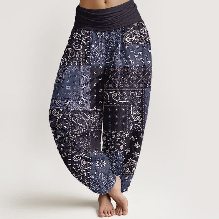 Buddha Stones Pantalones harem de mujer con elegante estampado paisley de algodón puro y cintura elástica. - Azul pizarra oscuro - US16，UK/AU20，EU48 (3XL) - image 8