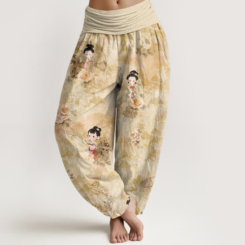 Buddha Stones Pantalones harem de mujer con cintura elástica y estampado floral vintage, de algodón puro. - Trigo - US16，UK/AU20，EU48 (3XL) - image 0