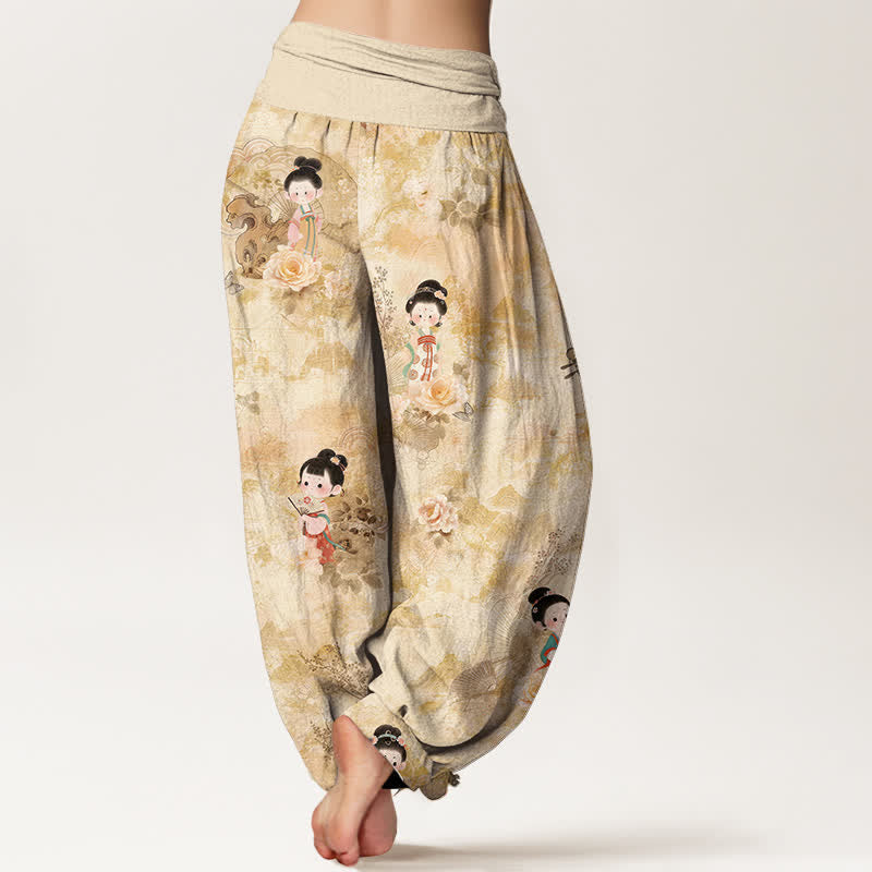 Buddha Stones Pantalones harem de mujer con cintura elástica y estampado floral vintage, de algodón puro. - image 1