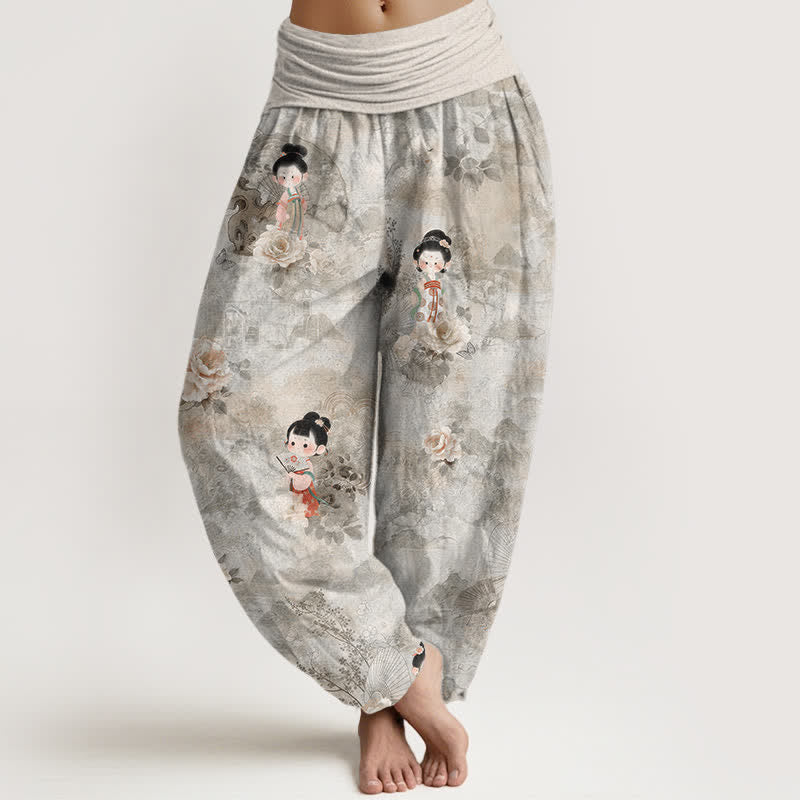 Buddha Stones Pantalones harem de mujer con cintura elástica y estampado floral vintage, de algodón puro. - Gris claro - US16，UK/AU20，EU48 (3XL) - image 5
