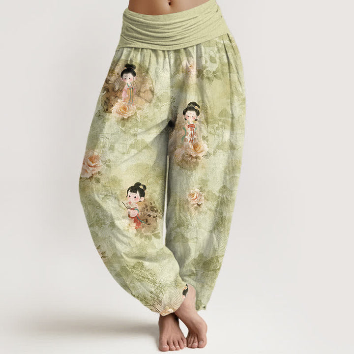 Buddha Stones Pantalones harem de mujer con cintura elástica y estampado floral vintage, de algodón puro. - Caqui oscuro - US16，UK/AU20，EU48 (3XL) - image 8