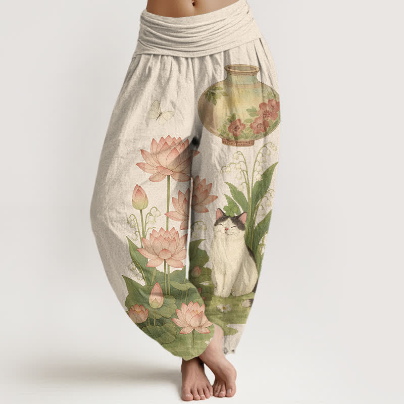 Buddha Stones Pantalones harem de algodón puro con estampado de loto y gato para mujer, cintura elástica. - Beige - US16，UK/AU20，EU48 (3XL) - image 0