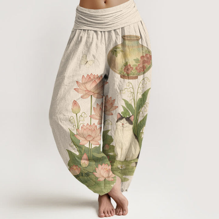 Buddha Stones Pantalones harem de algodón puro con estampado de loto y gato para mujer, cintura elástica. - Beige - US16，UK/AU20，EU48 (3XL) - image 0