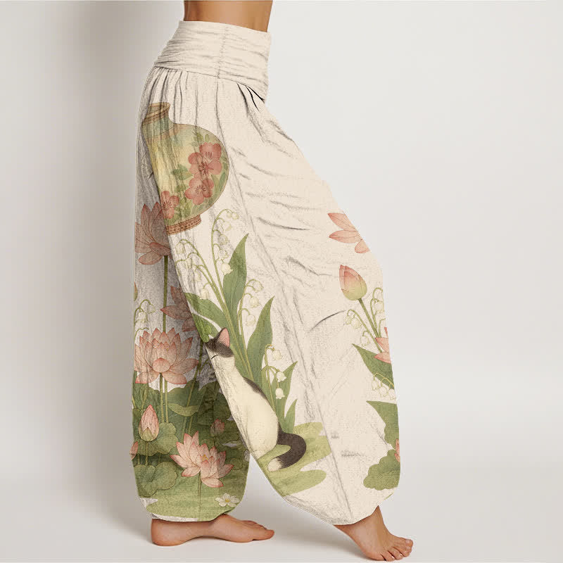 Buddha Stones Pantalones harem de algodón puro con estampado de loto y gato para mujer, cintura elástica. - image 2