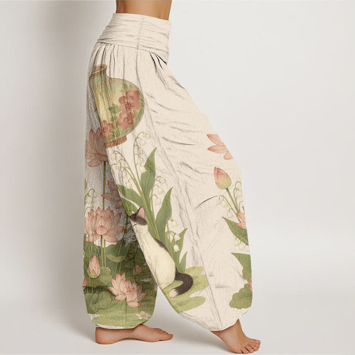 Buddha Stones Pantalones harem de algodón puro con estampado de loto y gato para mujer, cintura elástica. - image 2