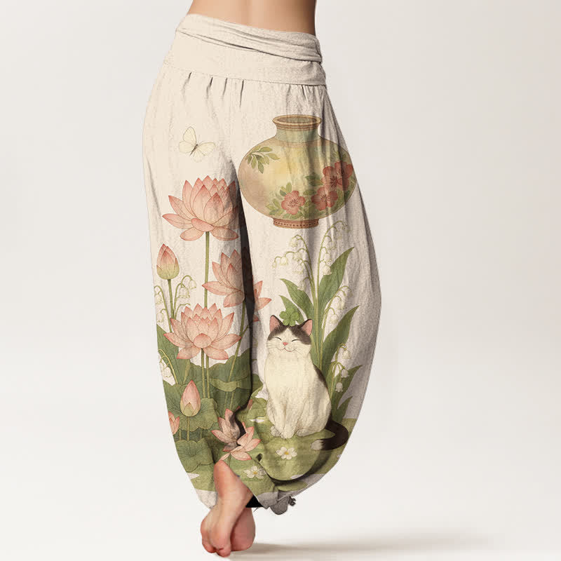 Buddha Stones Pantalones harem de algodón puro con estampado de loto y gato para mujer, cintura elástica. - image 1