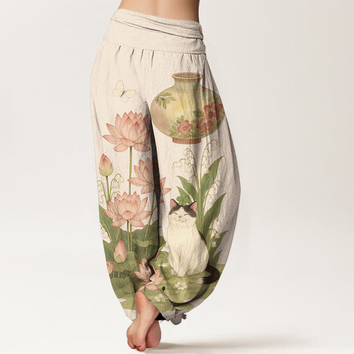 Buddha Stones Pantalones harem de algodón puro con estampado de loto y gato para mujer, cintura elástica. - image 1