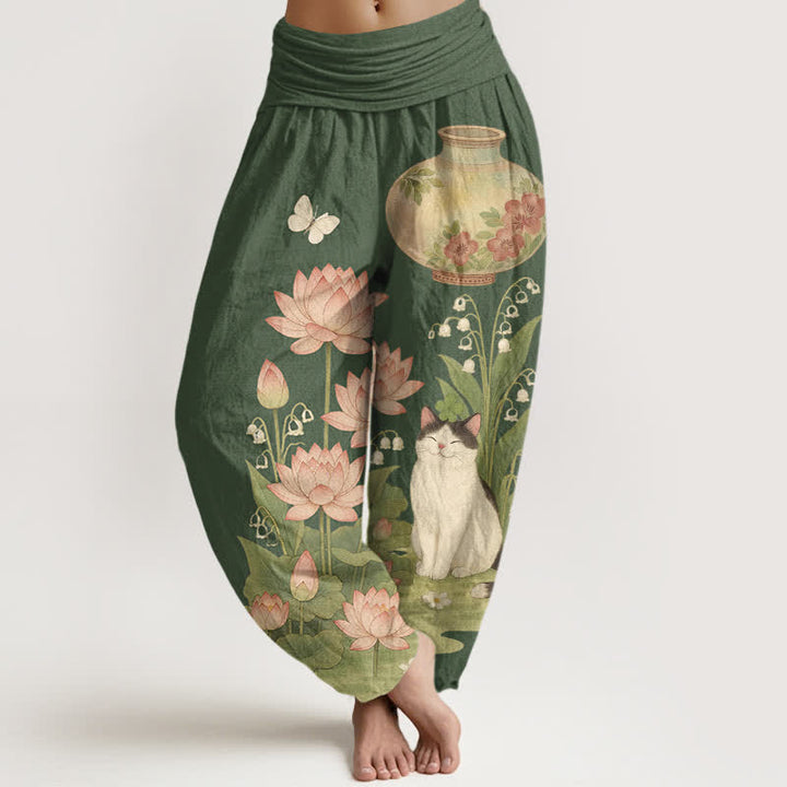 Buddha Stones Pantalones harem de algodón puro con estampado de loto y gato para mujer, cintura elástica. - Verde oliva oscuro - US16，UK/AU20，EU48 (3XL) - image 5
