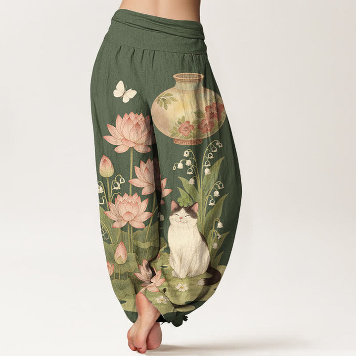 Buddha Stones Pantalones harem de algodón puro con estampado de loto y gato para mujer, cintura elástica. - image 6