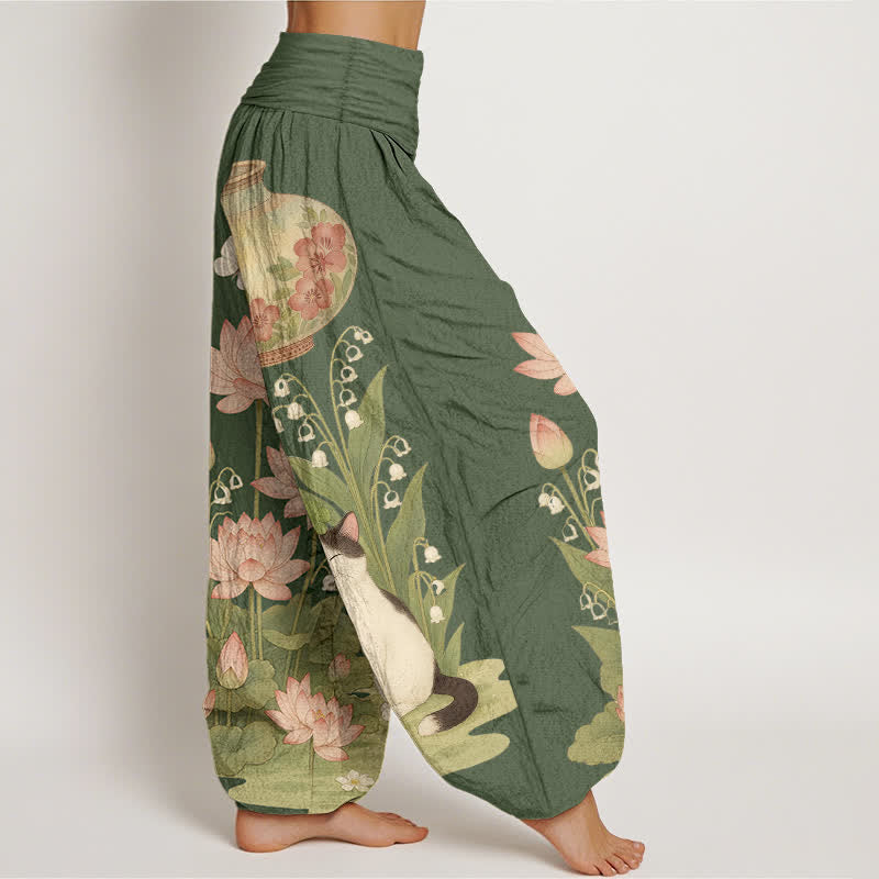 Buddha Stones Pantalones harem de algodón puro con estampado de loto y gato para mujer, cintura elástica. - image 7
