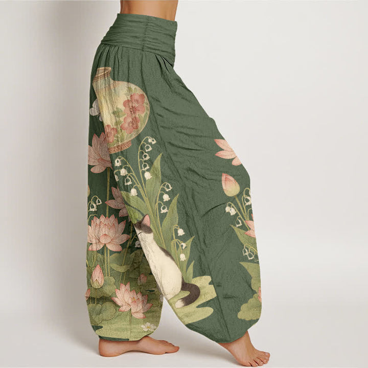Buddha Stones Pantalones harem de algodón puro con estampado de loto y gato para mujer, cintura elástica. - image 7