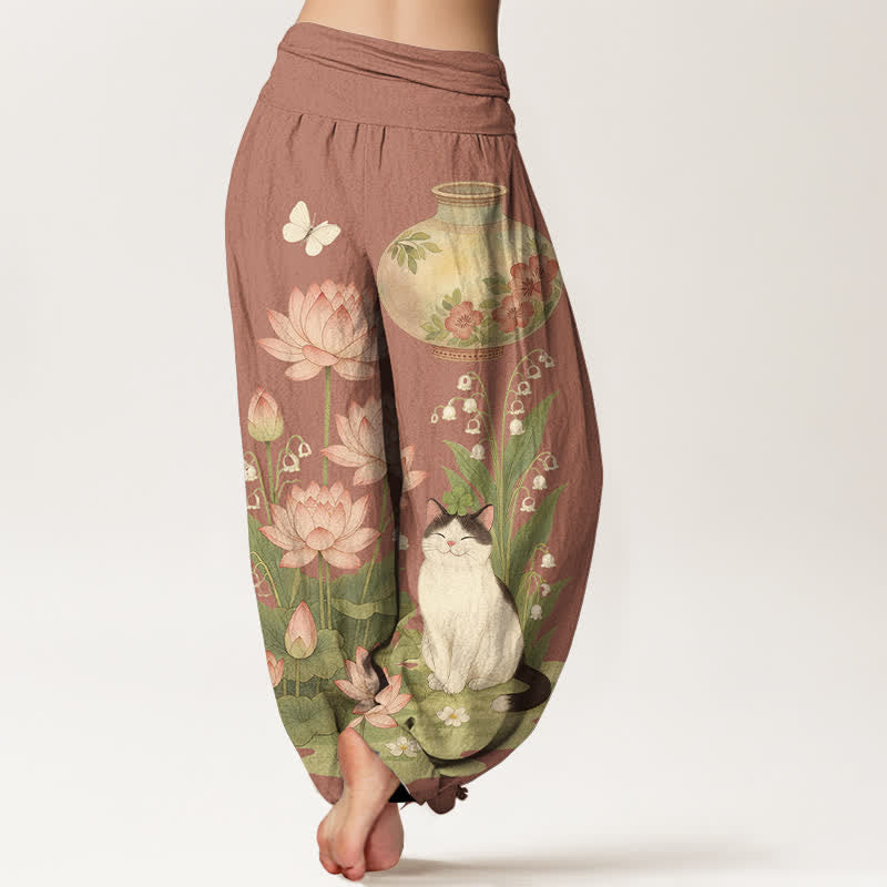 Buddha Stones Pantalones harem de algodón puro con estampado de loto y gato para mujer, cintura elástica. - image 9