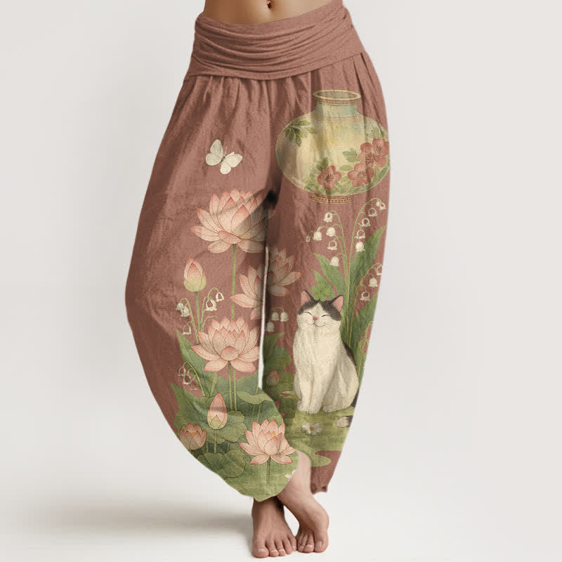 Buddha Stones Pantalones harem de algodón puro con estampado de loto y gato para mujer, cintura elástica. - Tierra de siena - US16，UK/AU20，EU48 (3XL) - image 8