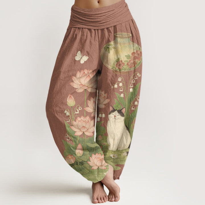 Buddha Stones Pantalones harem de algodón puro con estampado de loto y gato para mujer, cintura elástica. - Tierra de siena - US16，UK/AU20，EU48 (3XL) - image 8