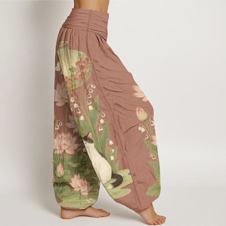Buddha Stones Pantalones harem de algodón puro con estampado de loto y gato para mujer, cintura elástica. - image 10