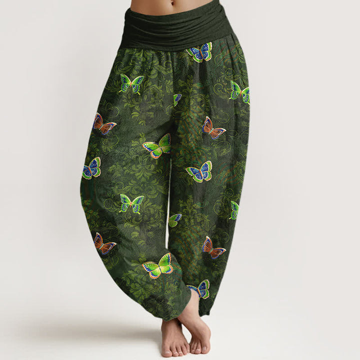 Buddha Stones Pantalones harem de algodón puro con estampado de mariposas y enredaderas para mujer, con cintura elástica. - Verde oliva oscuro - US16，UK/AU20，EU48 (3XL) - image 0