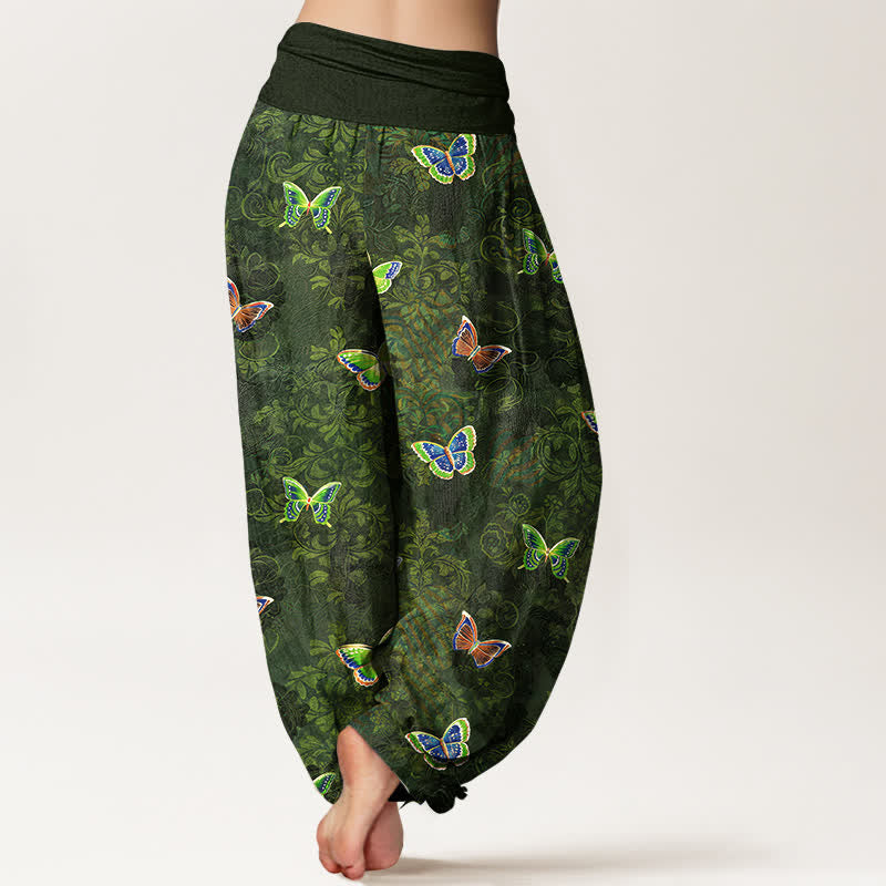 Buddha Stones Pantalones harem de algodón puro con estampado de mariposas y enredaderas para mujer, con cintura elástica. - image 1